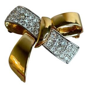 Vintage Monet Pave Rhinestone Gold Tone Bow Brooch Pin
